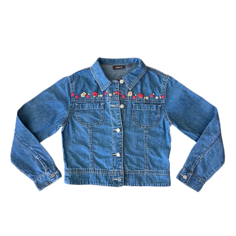 MEXX Vintage Girls Small Size 6 Denim Jacket Embroidered Appliqué Flowers